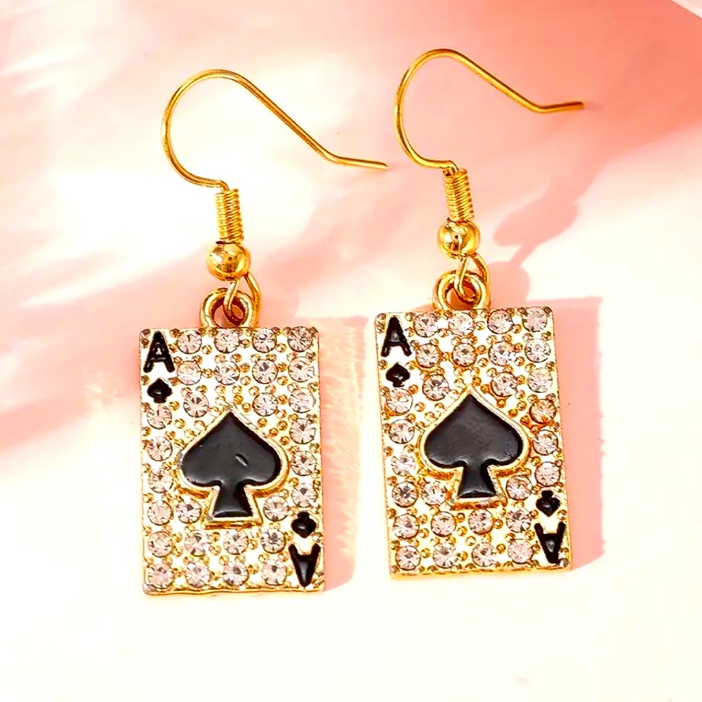 NEW: Aces Spades Design With Sparkling Zircon Decor Hook Earrings